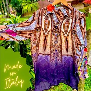 Y2K ETRO Designer Blouse Size 42 Abstract Paisley Purple Hombre Italy Career Top